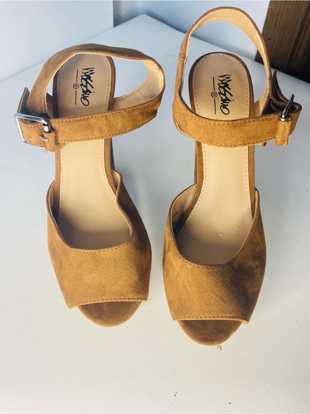 Mossimo Supply Co. Tan Suede Open-Toe Ankle Strap Wedges